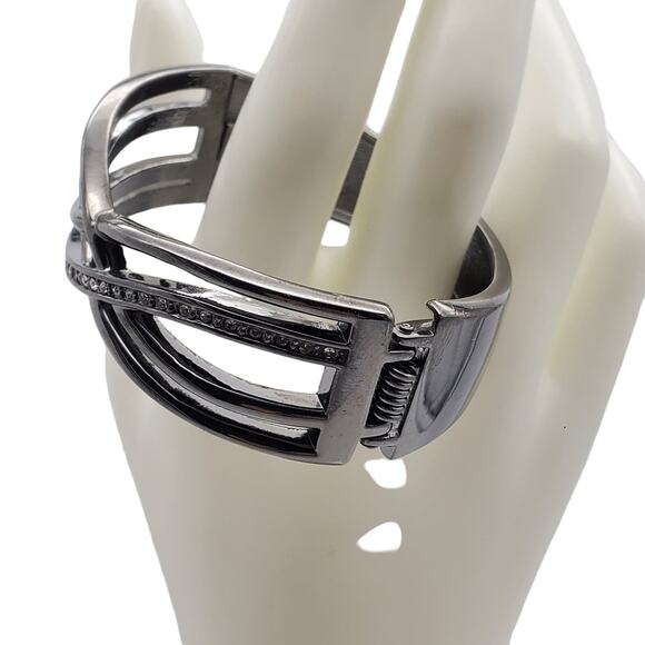 Gunmetal Clamper Bracelet Bangle Clear Rhinestone Crystal Hinged Crossover Woven - Picture 5 of 6